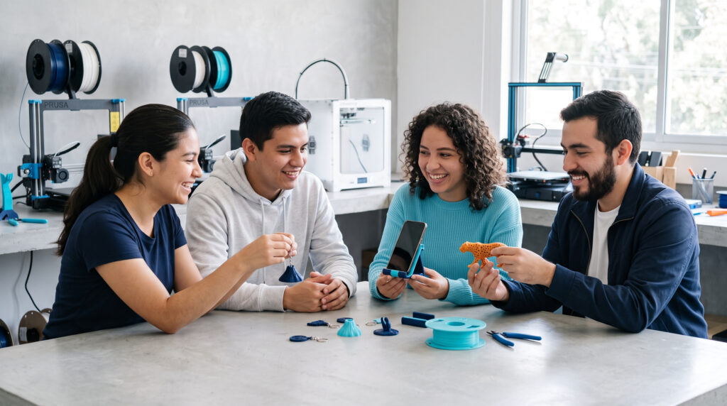 Personas compartiendo ideas y piezas de impresión 3D